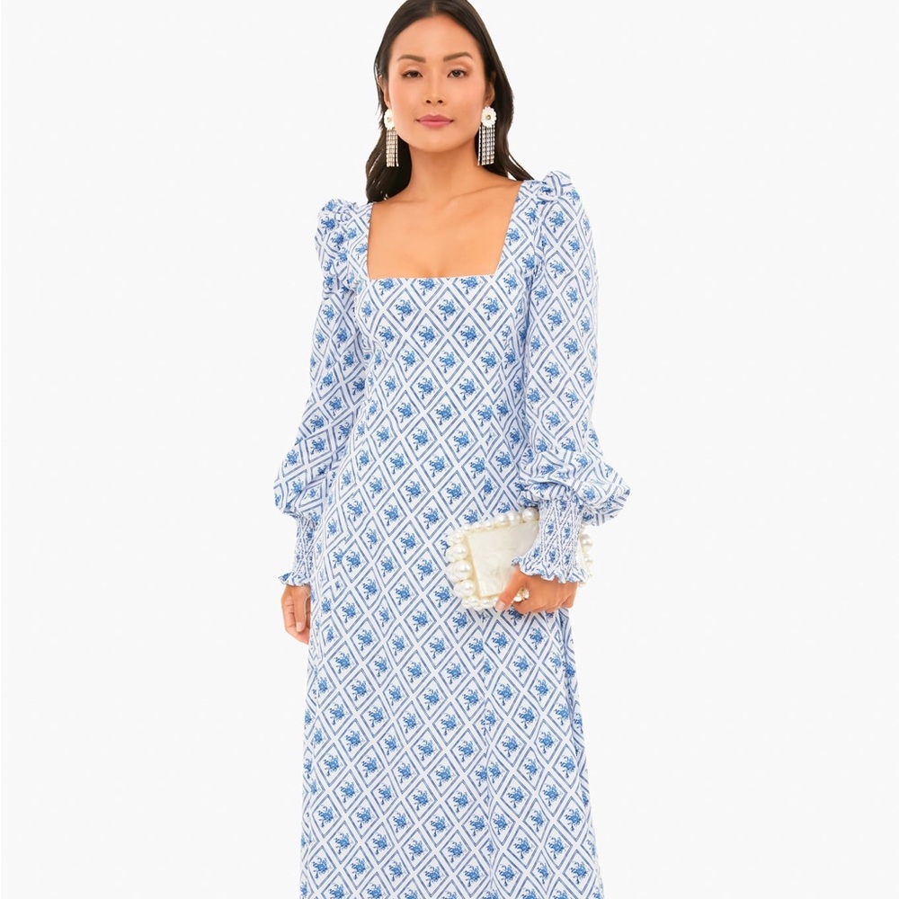 CAROLINE COSTAS BLUE DIAMOND TOILE ELLIOT MAXI DRESS